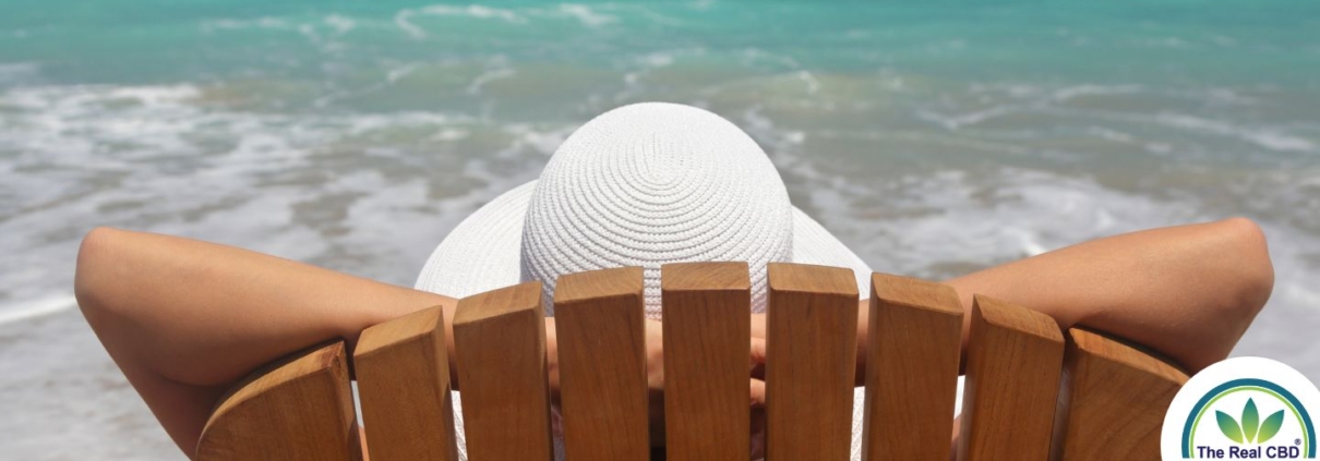 Woman sitting in beach chair by the sea relaxing