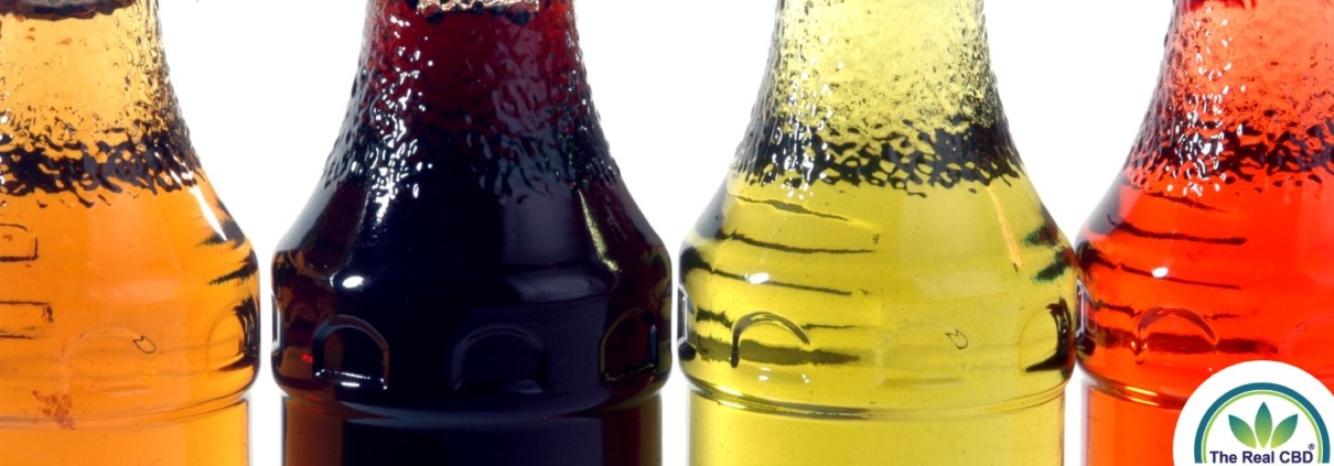 Different coloured liquid in bottles in a line