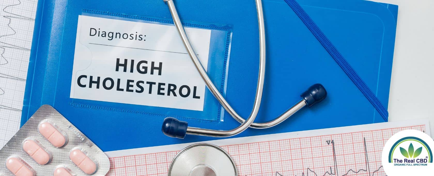 High cholesterol file with capsules and stethoscope