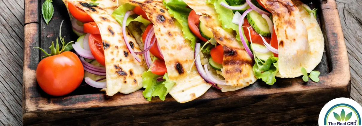 Pita bread sandwiches on a wooden tray