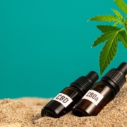 CBD- und CBA-Ölflaschen im Sand