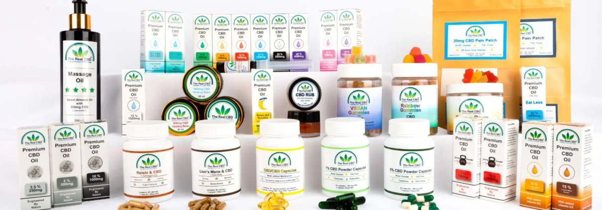 Bright beautiful display of a variety of CBD products - The Real CBD Brand