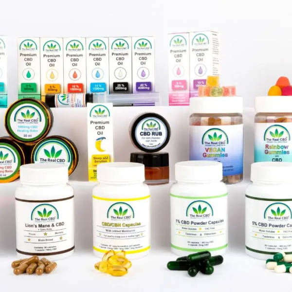 Bright beautiful display of a variety of CBD products - The Real CBD Brand