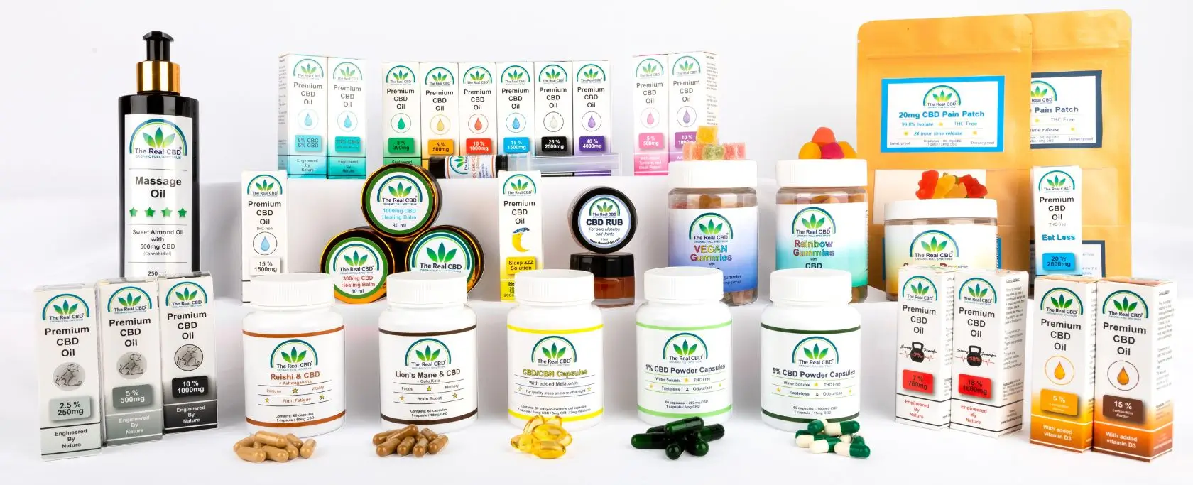 Bright beautiful display of a variety of CBD products - The Real CBD Brand