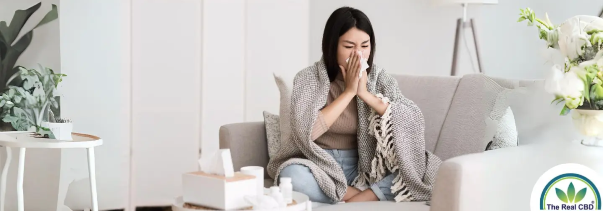 Woman with a clod on the sofa while blowing her nose