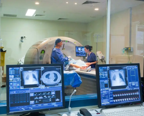 Oncology section on a hospital with patient in a scanner