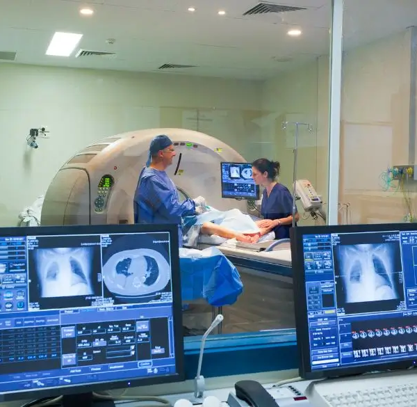 Oncology section on a hospital with patient in a scanner