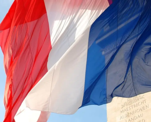 French flag waving in front of building