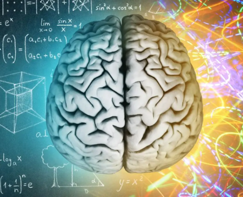 Brain on a blackboard with abacus on one side and electric currents on the other