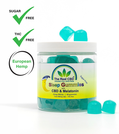 A jar with blue CBD sleep gummies - The Real CBD Brand