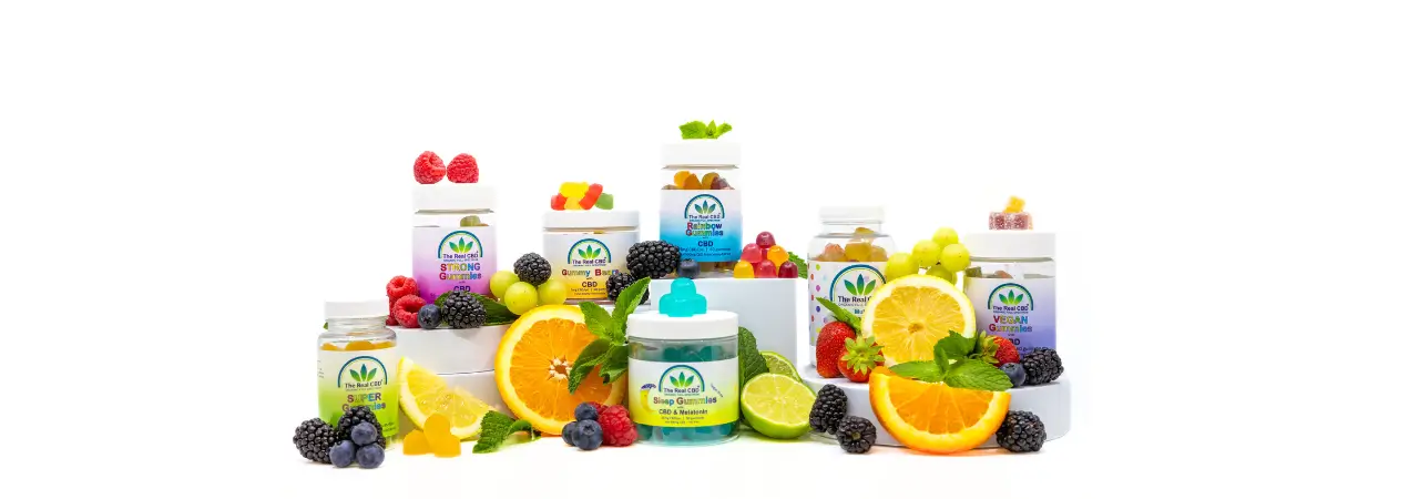 Display of The Real CBD gummies with fruit