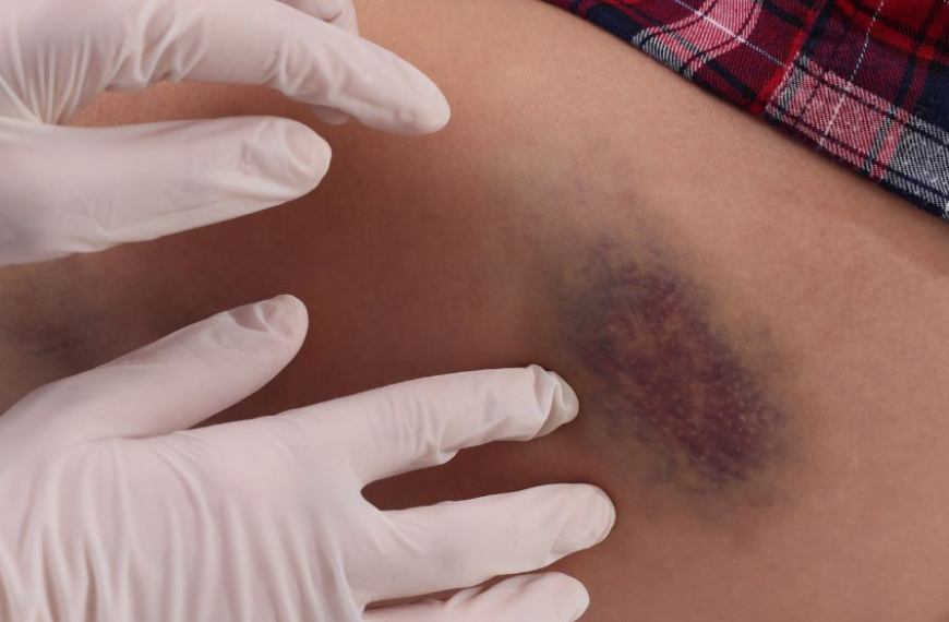 Doctors hands on a big bruise on woman's thigh