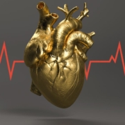 A gold human heart with EKG red line going through