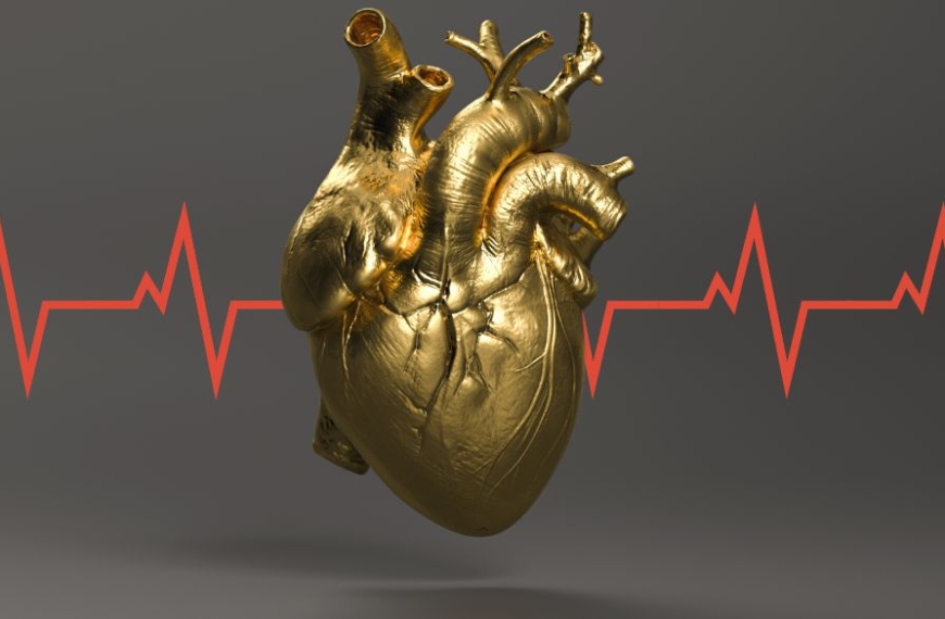 A gold human heart with EKG red line going through